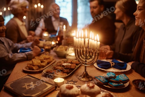 Preview: Lit candles in menorah during family meal at dining table on Hanukkah.