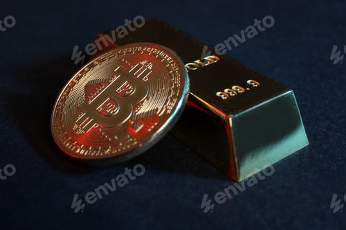 Preview: Bitcoin and gold bar on blue background, closeup