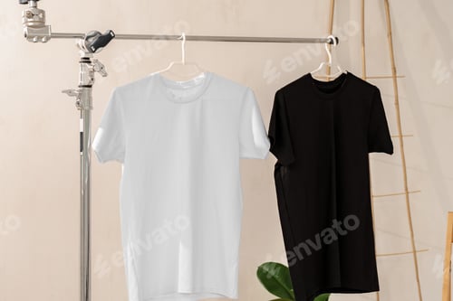 Preview: White and black T-shirts on hangers for design presentation
