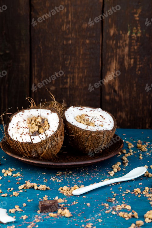 Preview: Healthy breakfast in coconut bowl.