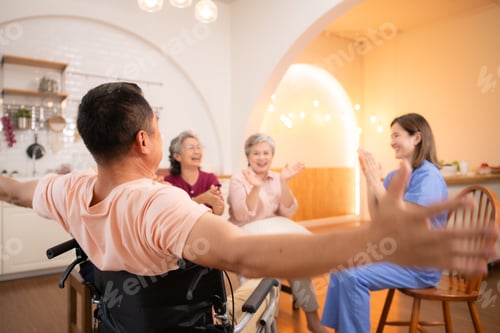 Preview: Group of elderly and senior man in wheelchair with nurse at nursing home