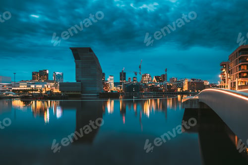 Preview: Oslo, Norway. Night View Embankment And Residential Multi-storey House In Gamle Oslo District