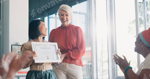 Preview: Applause, award and success with business woman in meeting for goal, thank you and winner. Celebrat