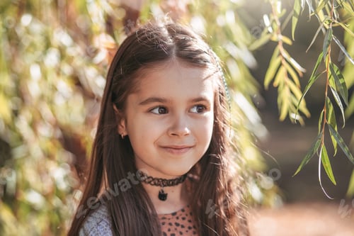 Preview: Portrait of a young beautiful brunette little girl outdoor in summer day.