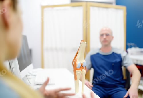 Preview: Orthopedist shows the patient an anatomical model of knee joint during appointment in modern clinic.