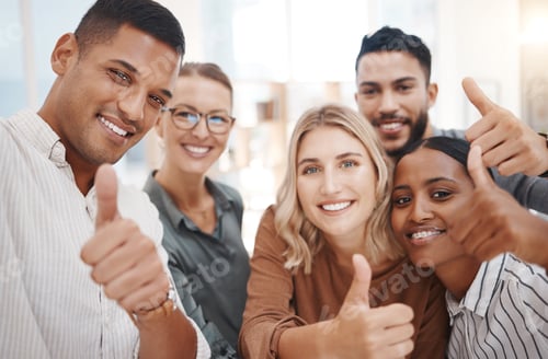 Preview: Portrait of a group of confident diverse businesspeople gesturing thumbs up and taking selfies toge
