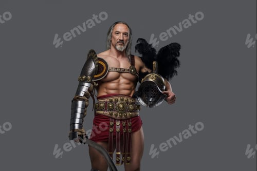 Preview: Gladiator of mature age dons lightweight armor, wielding a gladius