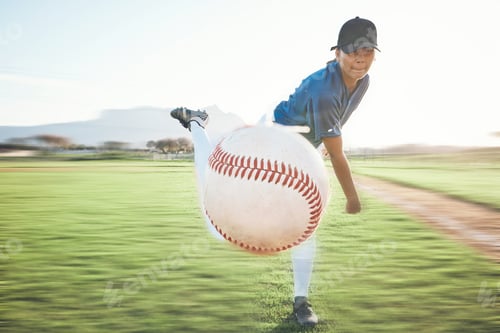 Preview: Person, baseball and pitching a ball outdoor on a sports pitch for performance and competition. Pro