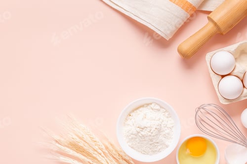 Preview: Ingredients for baking on light pink background.