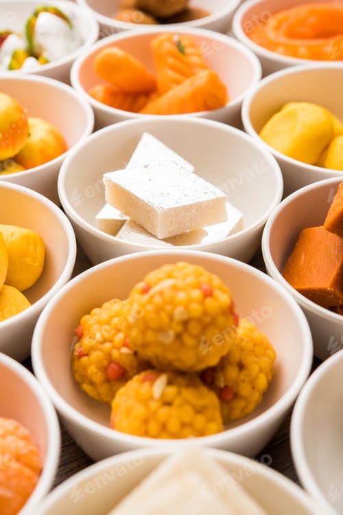 Preview: Rangoli design of Assorted Indian sweets