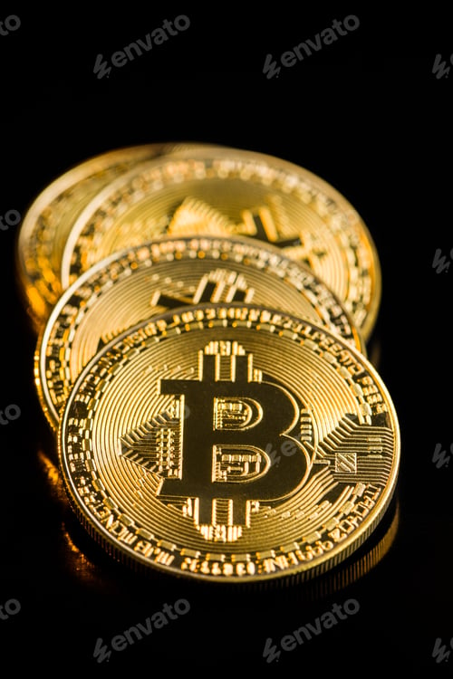 Preview: Golden bitcoins. Cryptocurrency.