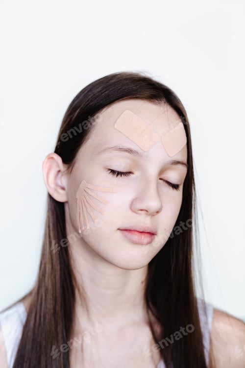 Preview: Kinesio tape against wrinkles on a girl's face on a light background vertical view
