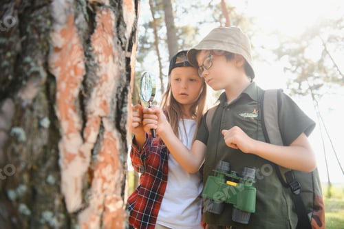 Preview: Kids exploring nature with magnifying glass. Summer activity for inquisitive child.
