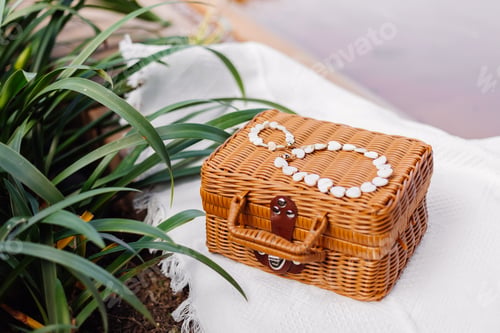 Preview: Beautiful white shell jewerly bracelet and necklace on brown wicker chest