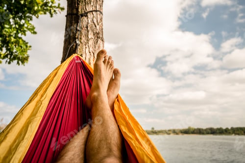 Preview: Relaxing in the hammock at the beach under trees, summer day