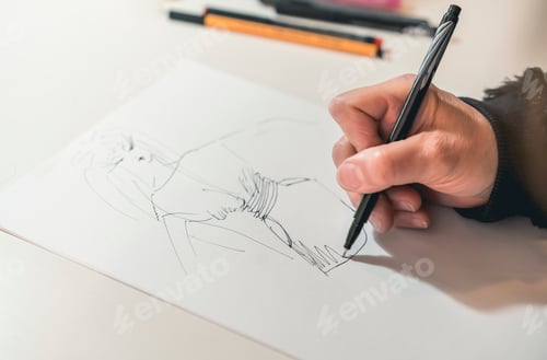 Preview: Close-up of a femaile desinger drawing with a pencil.