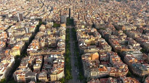 Preview: Aerial view of Passeig de Gracia major avenues in Barcelona in summer day at sunrise