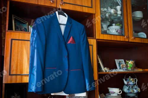 Preview: Elegant men's wedding suit at groom morning.