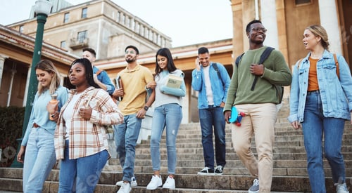 Preview: Students, diversity or walking on university steps, college campus or school stairs in morning clas