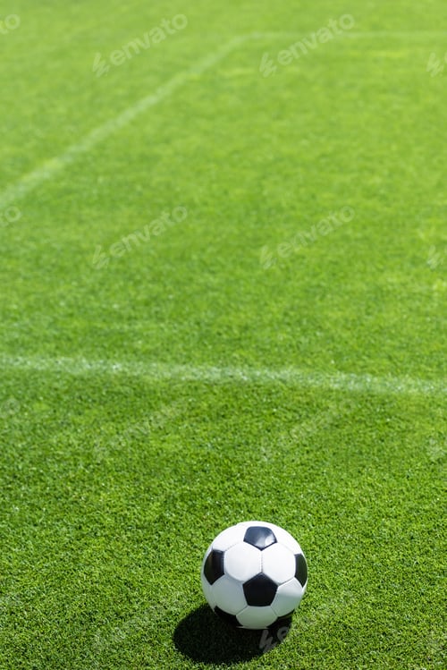 Vista previa: high angle view of soccer ball lying on green grass