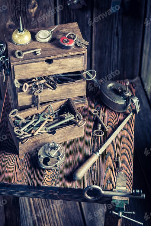 Preview: Vintage locksmiths workshop with tools to repair