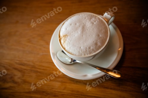 Preview: Cappuchino or latte coffe in a white cup with foam on wooden board. Morning energy drink isolated on