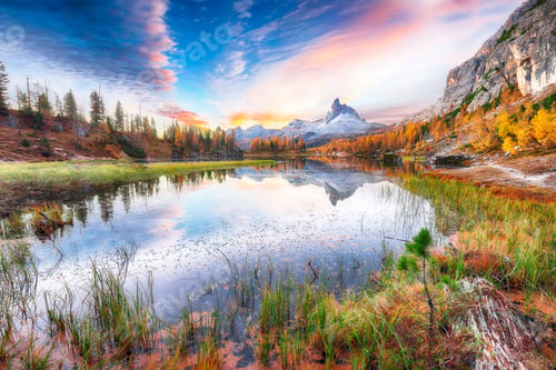 Preview: Wonderfull autumn view of Lake Federa in Dolomites at sunset