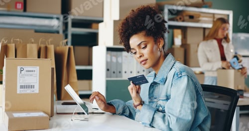 Preview: Boxes, tablet and woman with credit card, startup and ecommerce with payment, online order and bank
