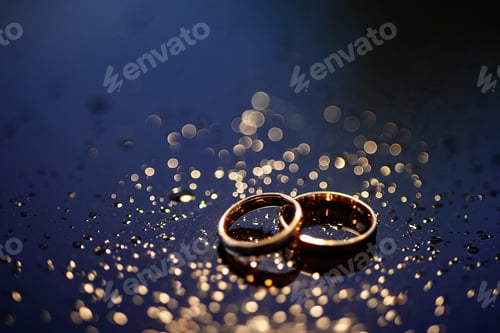 Preview: Two gold wedding rings lie on a dark wet surface