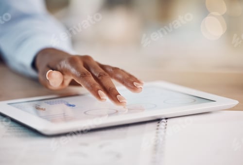 Preview: Hands, tablet and finance with the hand of a business woman working online in her office at work. A
