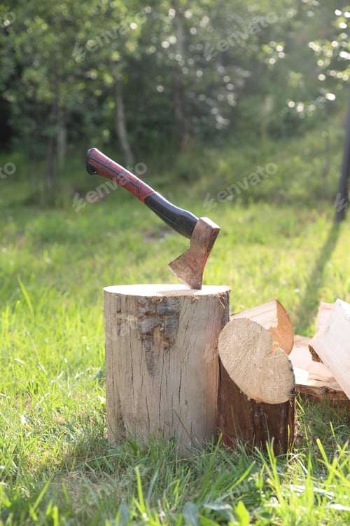 Preview: Metal axe, chopped firewood and wooden log on green grass outdoors