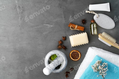 Preview: Natural handmade soap and plants on gray background