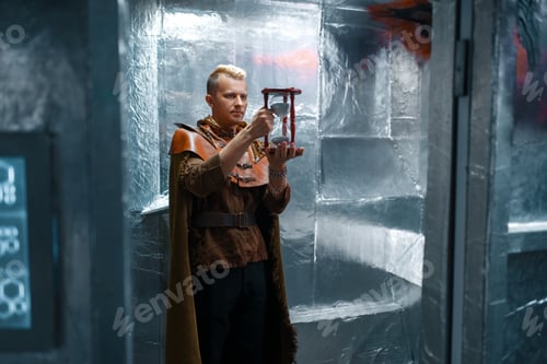 Preview: Space traveler holds sandglass in spacecraft