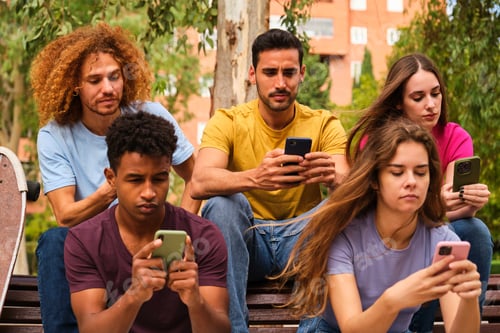 Preview: Group of friends watching smart mobile phones, teenagers addiction.