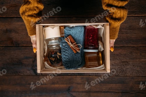 Preview: Care box, package ideas. Fall or Winter care box with sweets and warm clothes. Care Package Delivery