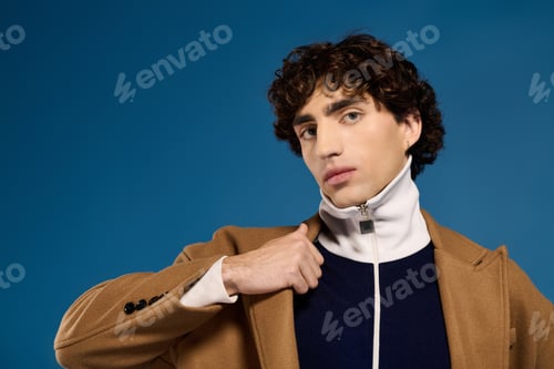 Preview: Young stylish man showcases modern fashion in a vibrant urban setting under bright blue skies