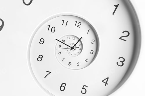 Preview: Infinity and other time related concepts. White clock face twisted in spiral, fractal pattern