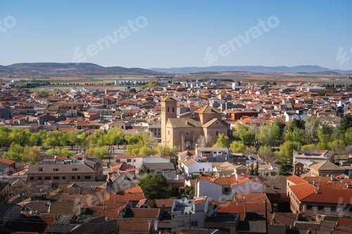 Preview: Aerial view of Consuegra with Saint John the Baptist Church (San Juan Bautista) - Consuegra,Spain