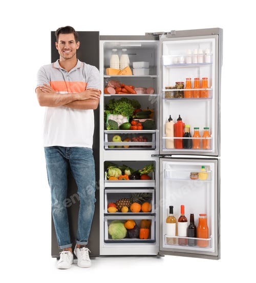 Preview: Man near open refrigerator on white background