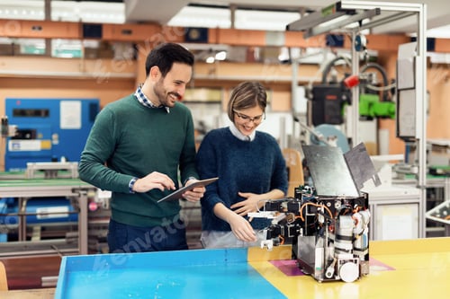 Preview: Young attractive students of mechatronics working on project