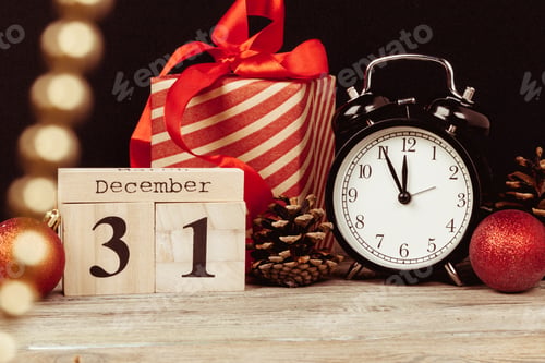 Preview: Composition with retro alarm clock and Christmas decoration