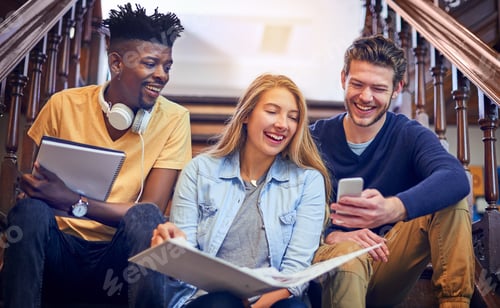 Preview: Cropped shot of a group of diverse university students working together on the staircase on campus