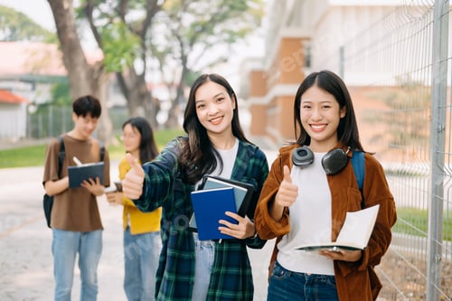 Preview: Young people college students is reading a book while relaxing sitting on grass in a campus park
