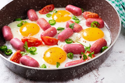 Preview: Homemade delicious american breakfast with fried eggs, sausages, and tomatoes.