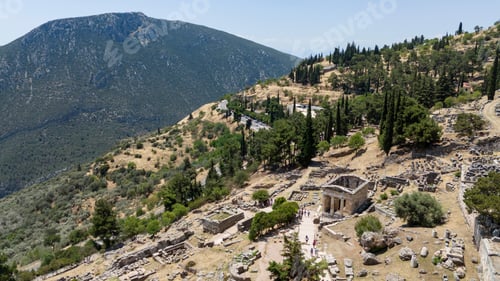 Preview: Aerial bird's eye view photo taken by drone of archaeological site of ancient Delphi.