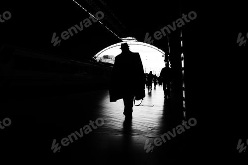 Preview: Silhouette of passengers in a train station.