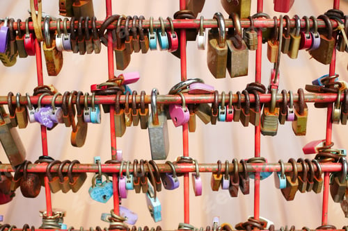 Preview: Many love padlocks locked on rusty iron gate in singapore