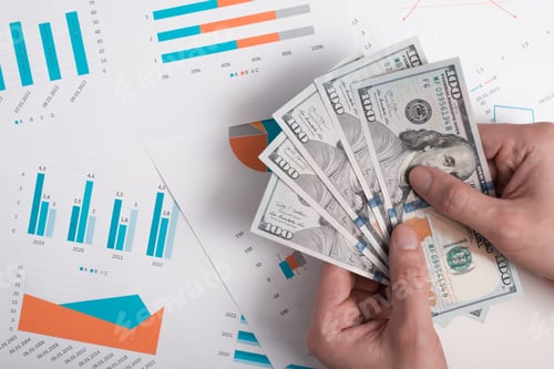 Preview: Investment, business and finance concept. Top view hands holding money, documents with graphs