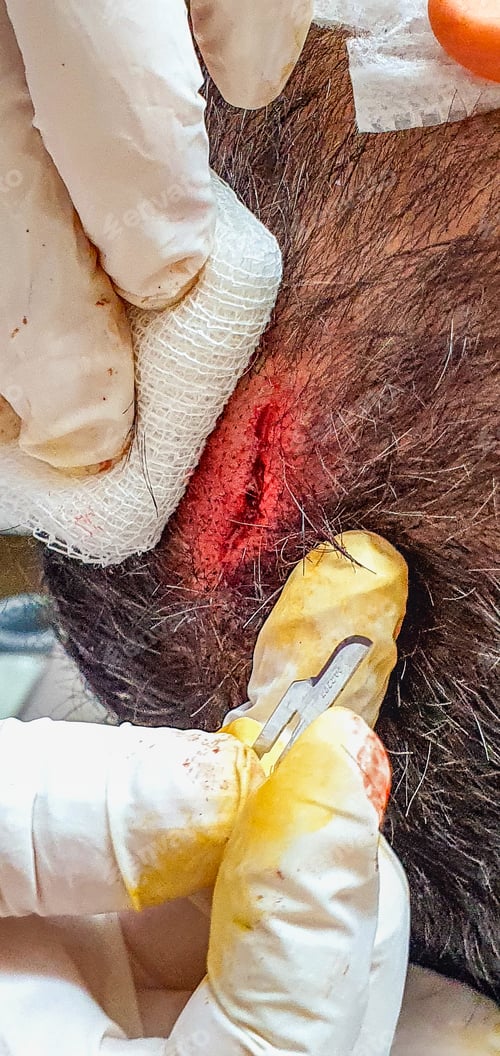 Preview: Vertical shot of the surgeon treating the bleeding wound on the head