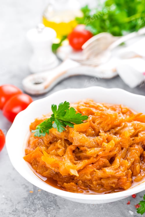 Preview: Cabbage stew. Cabbage braised in tomato sauce